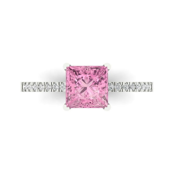 Clara Pucci 14K White Gold Solid Gold Pink Solitaire with Accents Anniversary Ring for Women - 1.62 cttw Princess Cut