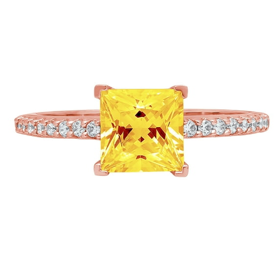 1.62 ct Princess Cut Natural Citrine Solitaire with Simulated Diamond Accents 18K Rose Gold Womens Engagement Ring
