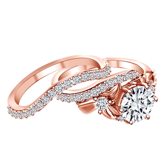 AFFY 1.67 Carat(Cttw) Round Moissanite & Natural Diamond Floral Engagement Ring With Band 14K Solid Rose Gold Ring Size-6