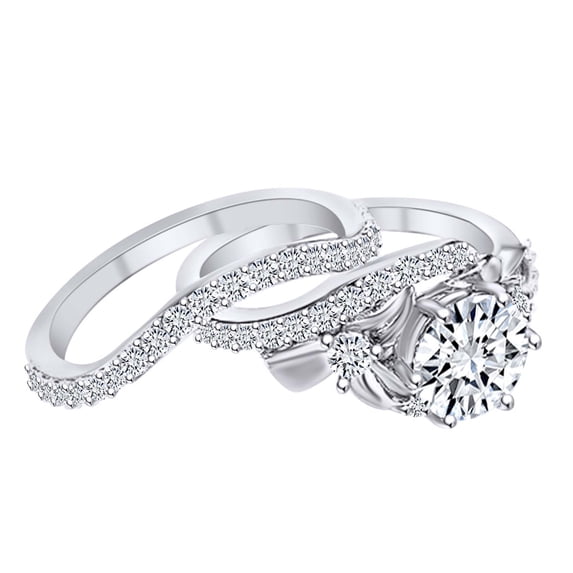 AFFY 1.67 Carat(Cttw) Round Moissanite & Natural Diamond Floral Engagement Ring With Band 14K Solid White Gold Ring Size-7.5