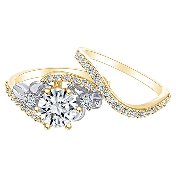 AFFY 1.67 Carat Round Moissanite & Natural Diamond Two-Tone Engagement Ring 14K Solid Yellow Gold Ring Size-9