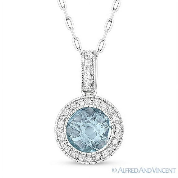 1.67ct Checkerboard Blue Topaz & Round Cut Diamond Halo Pendant & Chain in 14k White Gold