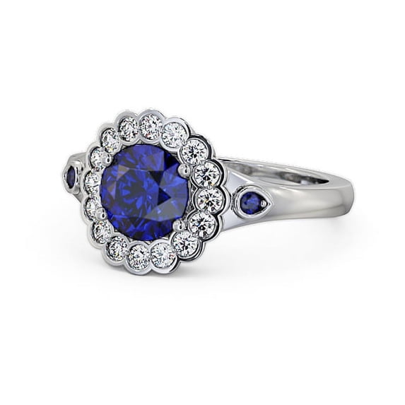 1.69 Ct Floral Halo Round Cut Stunning Real Blue Sapphire Diamond Ring for Wedding 14K White Gold Size 7.5
