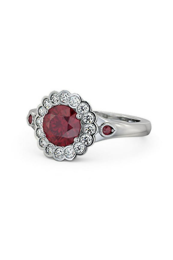 1.69 Ct Round Cut Real Red Ruby Diamond Unique Halo Ring for Women 14K White Gold Size 11.5