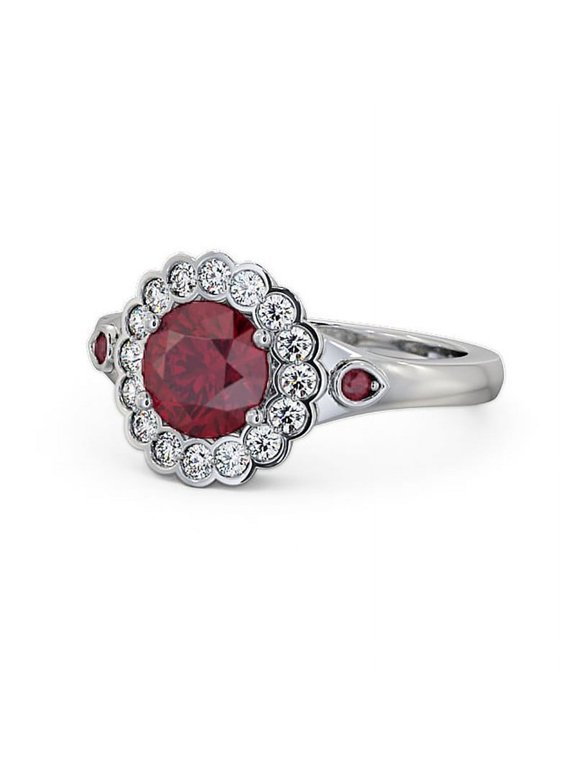 1.69 Ct Round Cut Real Red Ruby Diamond Unique Halo Ring for Women 14K White Gold Size 11.5