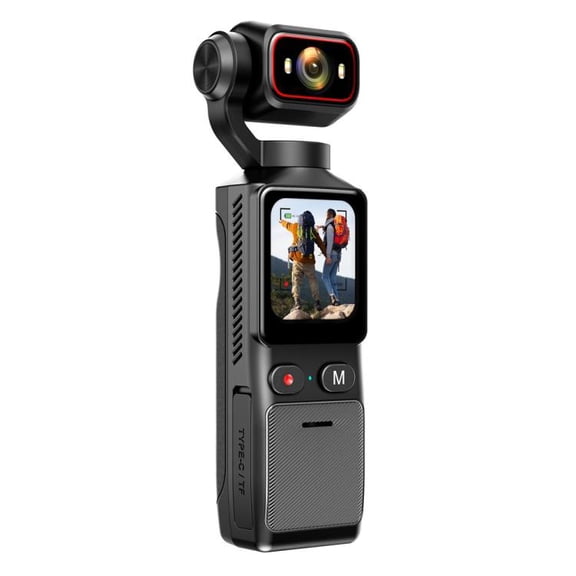1.69-inch touchscreen action camera with 4K recording, image stabilization, and vlogging capabilities. Compact and lightweight design.