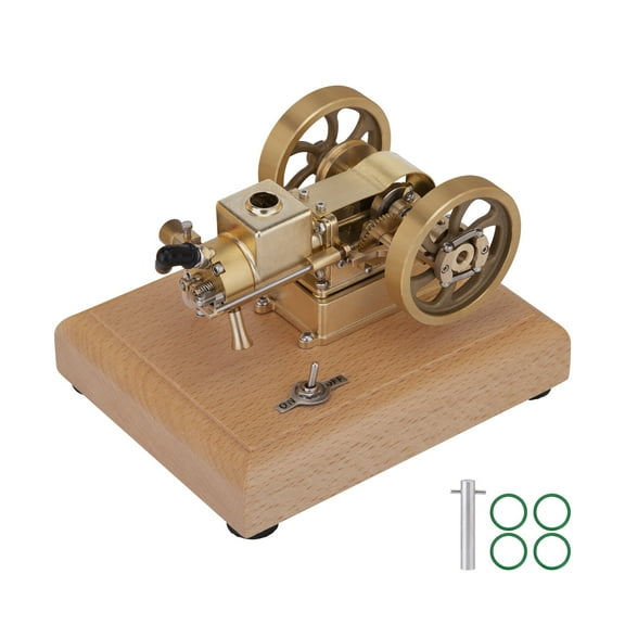 1.6CC Hit and Miss Horizontal Water-Cooled 4-Stroke Gasoline Engine Model, Brass & Stainless Steel Internal Combustion Engine with Wooden Base, Physical Science Experiment Display Yoy for Adult
