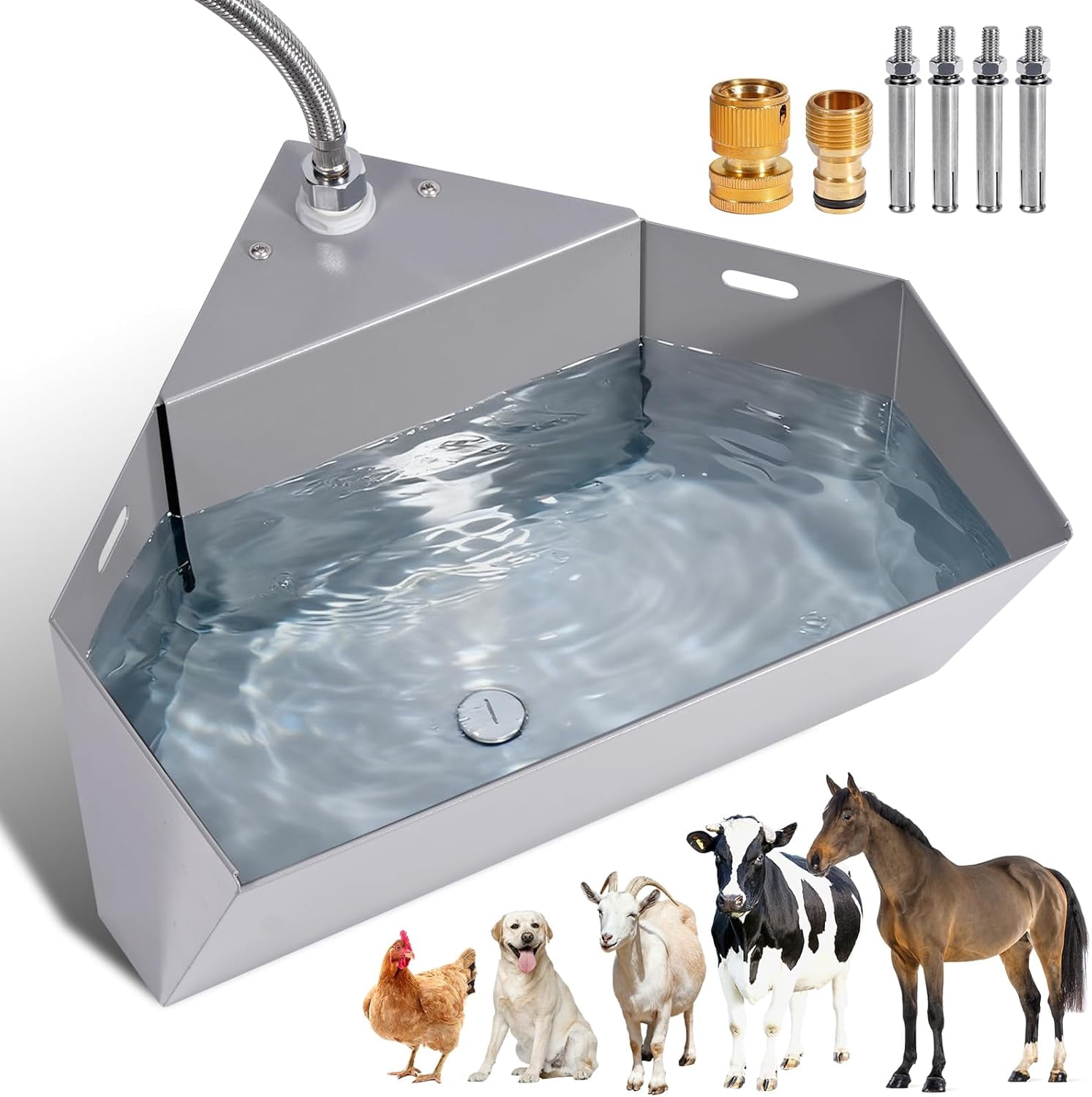 1.6Gal Automatic Livestock Waterer with Float Valve, Self-Filling Drinking Trough Corner Wall Mount, Stainless Steel Dog Water Feeder for Horse Goat Cattle Pets