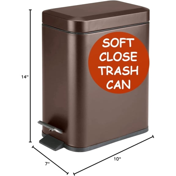 1.6Gal Bronze Slim Soft-Close Trash Can Anti-Bag Slip Liner with Lid for Bathroom Kitchen Bedroom Decor