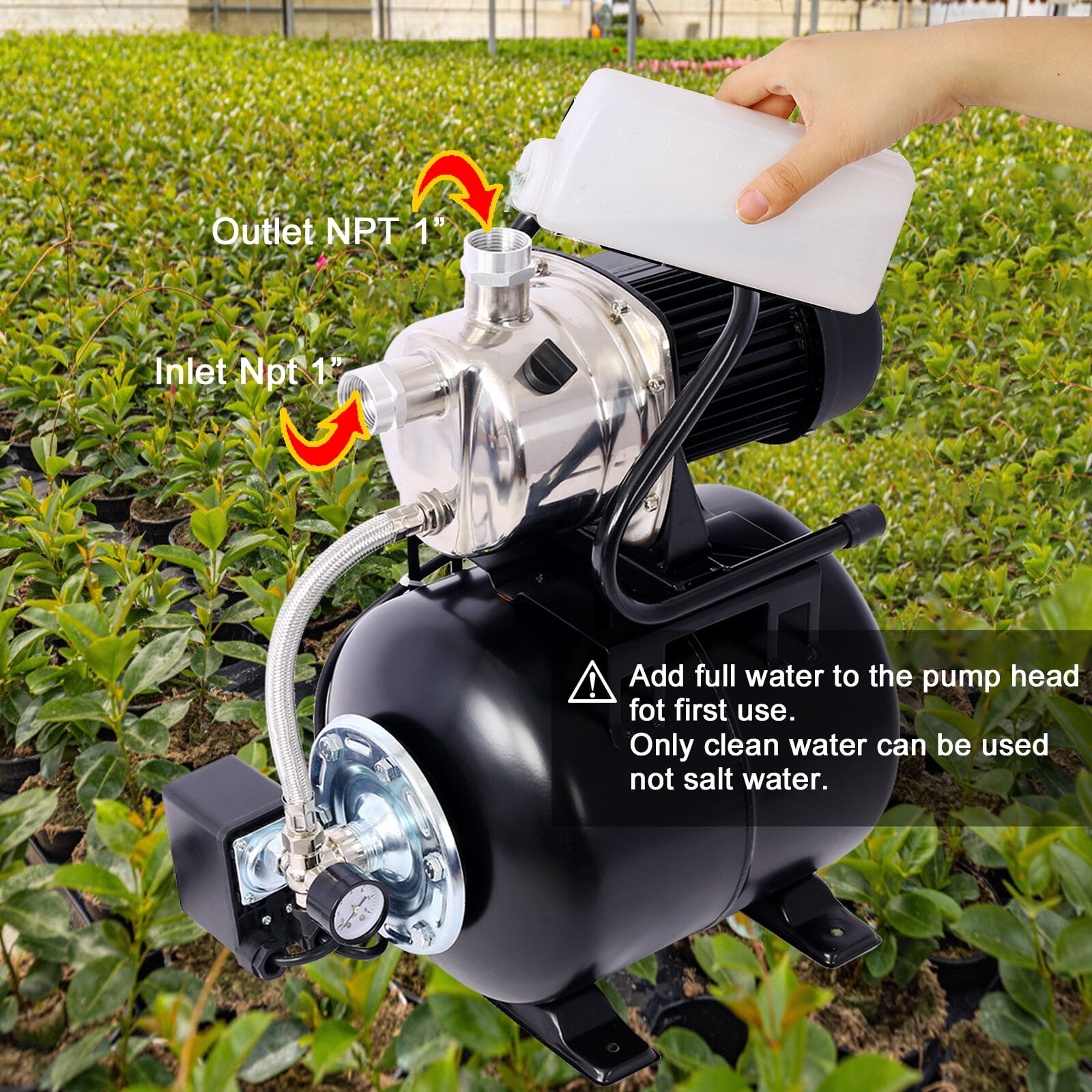 1.6HP Shallow Well Pump with Pressure Tank,garden water pump, Irrigation Pump,Automatic Water Booster Pump for Home Garden Lawn Farm, stainless steel head,