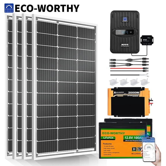 1.6KWH Complete Solar Panel Kit 400W 12V for RV Off Grid: 4 * 100W Solar Panel+40A MPPT Controller+2*12V Battery
