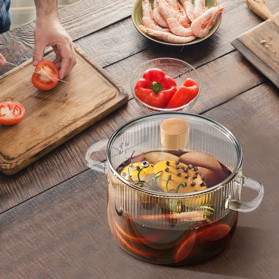 1.6L Thickened Glass Pot with Wooden Handle - Transparent Double Eared Stew Pot for Stovetop Cooking - Non-Stick Soup Pot, Heat-Resistant Glass Cookware for Simmering & Boiling, Vertical Pattern