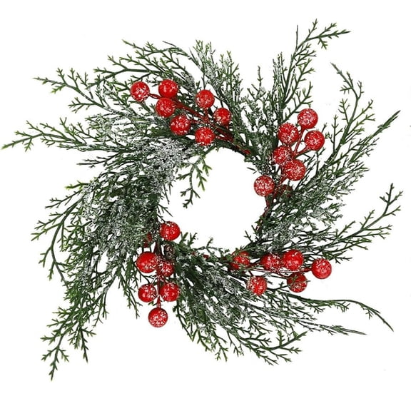 1-6PC Christmas Candle Rings 12 Inch Artificial Cedar Cypress Wreath with Red Berries for Pillar Candle Holder Table Centerpiece Winter Holiday Home Kitchen Wedding Decor Festive Accent