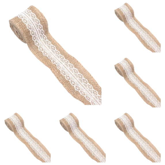 1-6Rolls Burlap and Lace Ribbon 2 Inch 2m Wide Jute Craft Roll with White Lace Rustic Decorative Wrap for Wreaths Bows Christmas Wedding Party DIY Handmade Supplies Vintage Home Decor