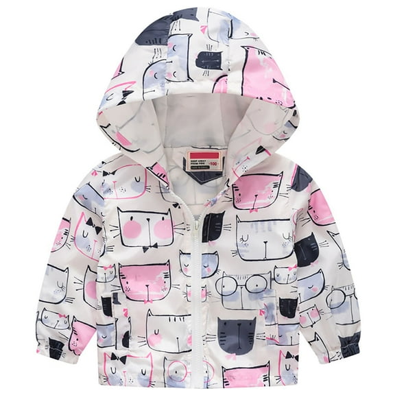 1-6T Kids Girls Waterproof Windbreaker Printed Hooded Jackets Lined Rain Jackets - Beige Cat