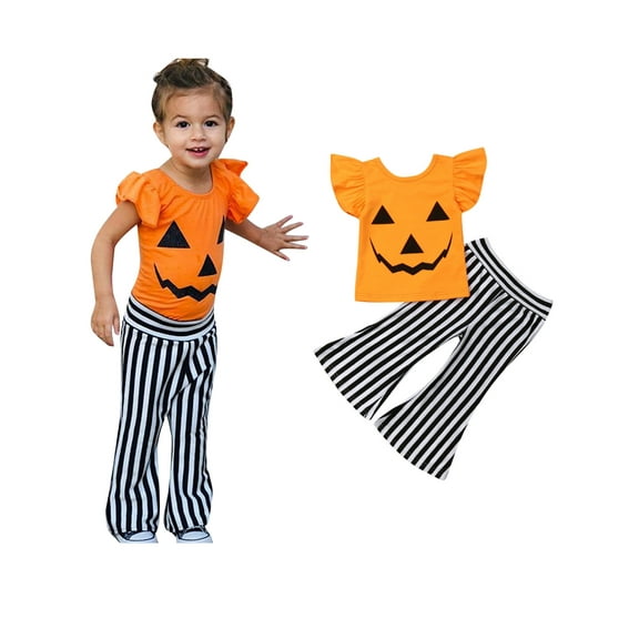 1-6T Toddler Baby Girl Halloween Clothes Set Smil Face Ruffle Sleeve Shirt Top +Flare Pants Outfit