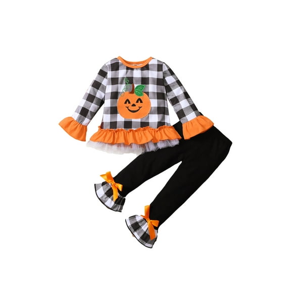 1-6T Toddler Girl Halloween Clothes Set Plaid Pumpkin T-Shirts Tees Pullover Shirts Tops+Flare Pants Fall Outfit Set