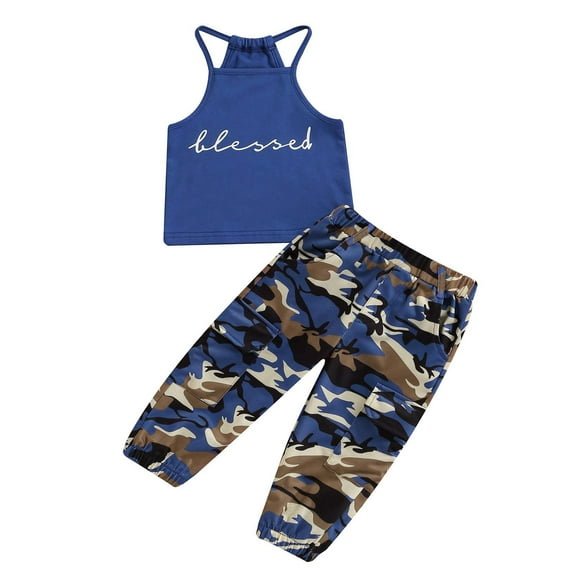 1-6Y Kids Girls Summer Clothes Sets 1Y 2Y 3Y 4Y 5Y 6Y Baby Letter Printed Sleeveless   Loose Camo Pants Outfits Streetwear