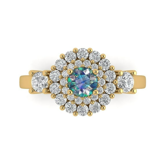 1.6ct Round Cut Blue Moissanite 18k Yellow Gold Engraving Statement Bridal Wedding Halo Designer Ring Size 7.5