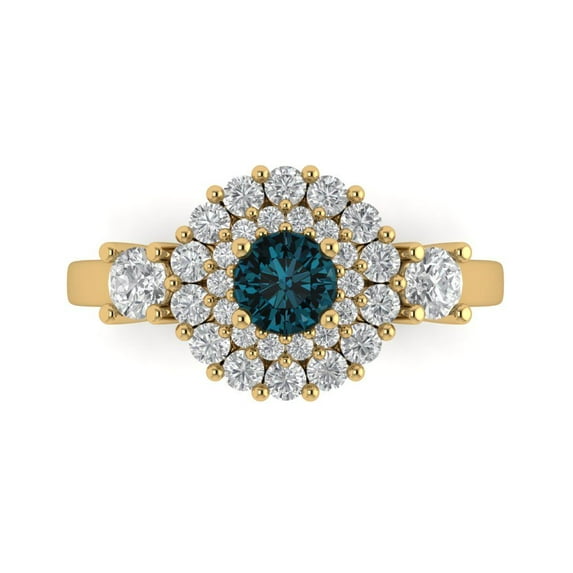 1.6ct Round Cut Blue Natural London Blue Topaz 18k Yellow Gold Engraving Statement Bridal Wedding Halo Designer Ring Size 11