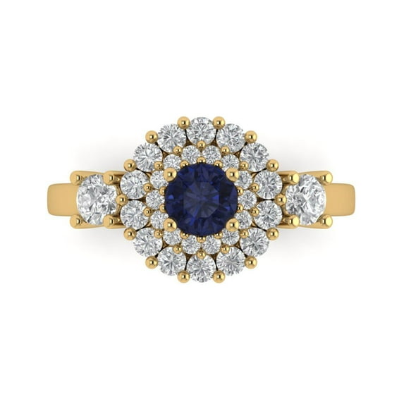 1.6ct Round Cut Blue Sapphire 18k Yellow Gold Engraving Statement Bridal Wedding Halo Designer Ring Size 9.5