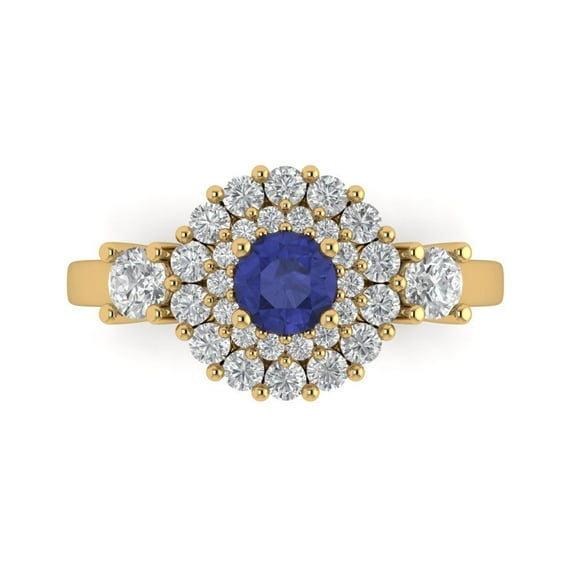 1.6ct Round Cut Blue Tanzanite 18k Yellow Gold Engraving Statement Bridal Wedding Halo Designer Ring Size 9.5