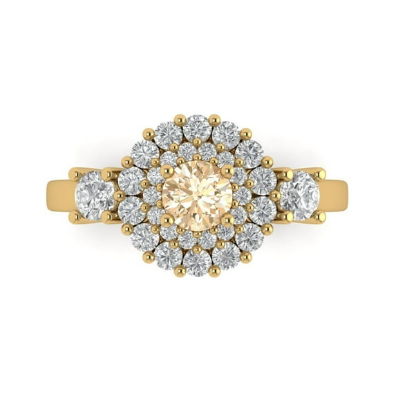 1.6ct Round Cut Brown Natural Morganite 18k Yellow Gold Engraving Statement Bridal Wedding Halo Designer Ring Size 10.5