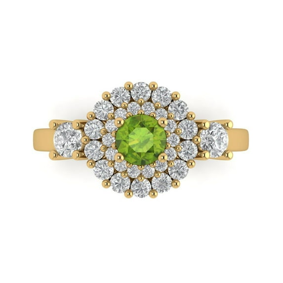 1.6ct Round Cut Green Natural Peridot 18k Yellow Gold Engraving Statement Bridal Wedding Halo Designer Ring Size 6