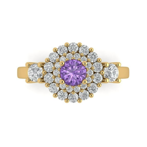 1.6ct Round Cut Purple Alexandrite 18k Yellow Gold Engraving Statement Bridal Wedding Halo Designer Ring Size 10.5