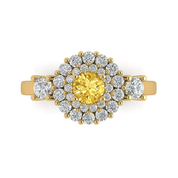 1.6ct Round Cut Yellow Crystal 18k Yellow Gold Engraving Statement Bridal Wedding Halo Designer Ring Size 9