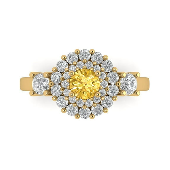 1.6ct Round Cut Yellow Natural Citrine 18k Yellow Gold Engraving Statement Bridal Wedding Halo Designer Ring Size 10