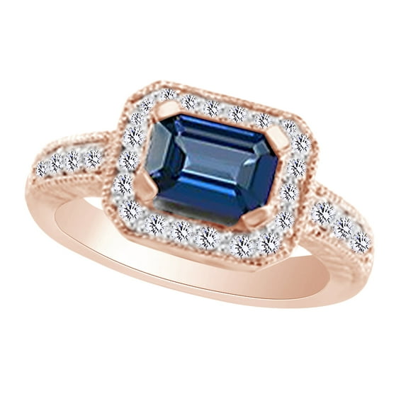 AFFY (1.6ct) Simulated Blue Sapphire & White Diamond Antique Style Engagement Ring In 14k Solid Gold With Ring Size 12.5