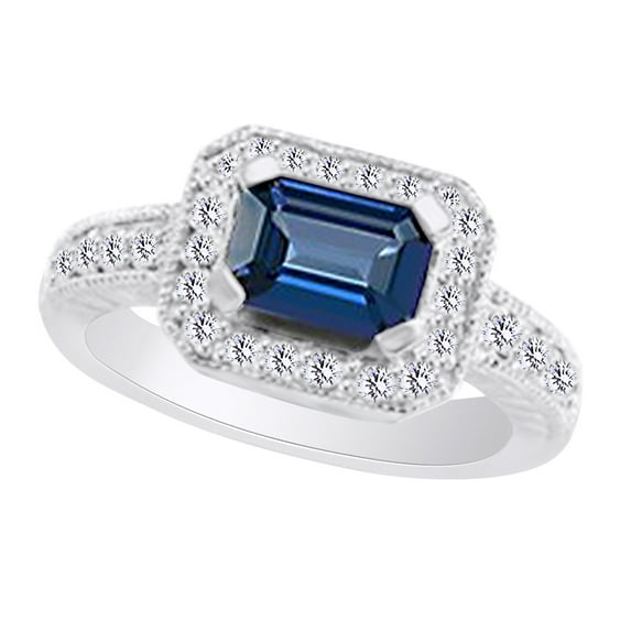 AFFY (1.6ct) Simulated Blue Sapphire & White Diamond Antique Style Engagement Ring In 14k Solid Gold With Ring Size 6