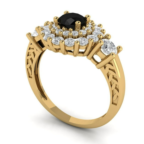 1.6ct round cut black natural onyx 18k yellow gold halo Bridal Wedding Engagement Promise Anniversary Ring for Women size 10.5