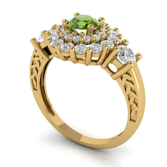 1.6ct round cut green natural peridot 18k yellow gold halo Bridal Wedding Engagement Promise Anniversary Ring for Women size 7.75