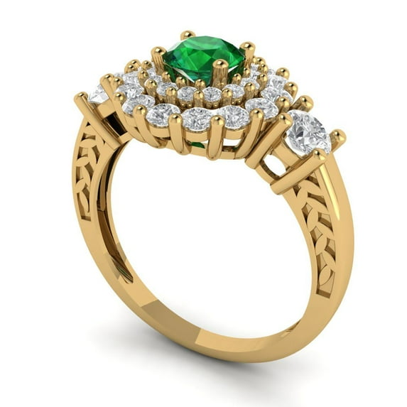1.6ct round cut green emerald 14k yellow gold halo Bridal Wedding Engagement Promise Anniversary Ring for Women size 4.5