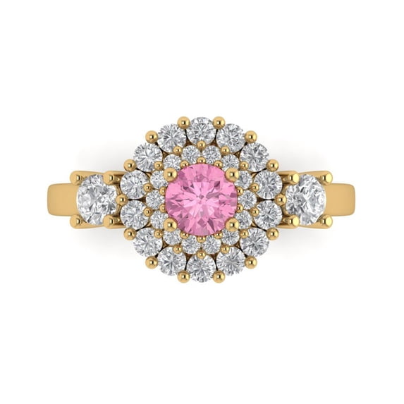 Clara Pucci 14K Yellow Gold Solid Gold Pink Halo Anniversary Ring for Women - 1.4 cttw Round Cut