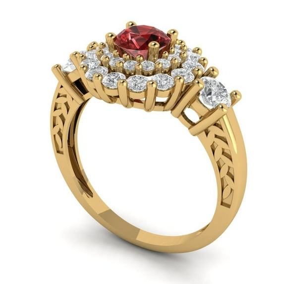 1.6ct round cut red natural garnet 18k yellow gold halo Bridal Wedding Engagement Promise Anniversary Ring for Women size 4.25