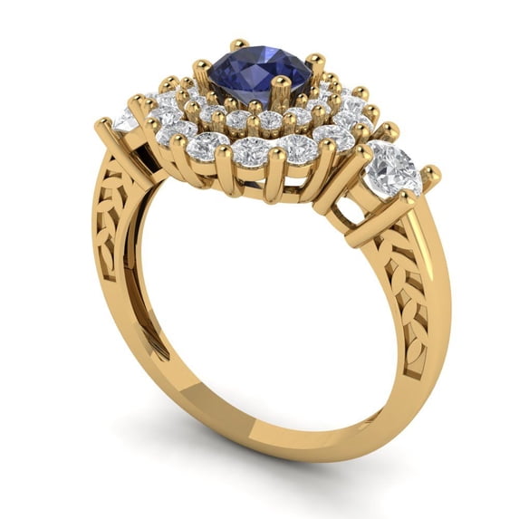 1.6ct round cut blue sapphire 14k yellow gold halo Bridal Wedding Engagement Promise Anniversary Ring for Women size 7.5