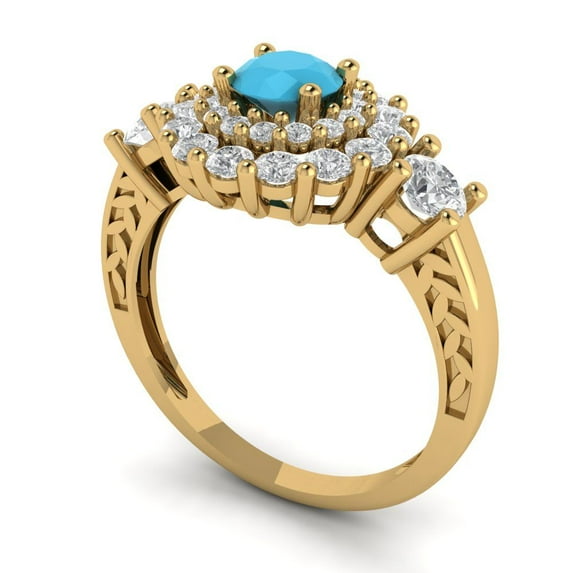 1.6ct round cut turquoise 18k yellow gold halo Bridal Wedding Engagement Promise Anniversary Ring for Women size 9.75