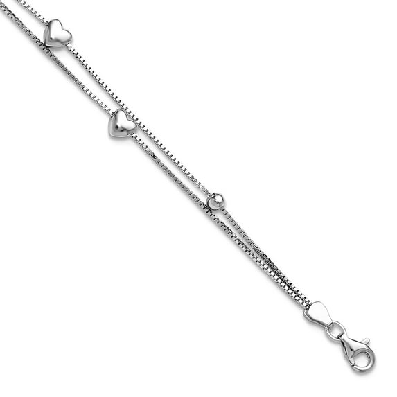 1.6mm 925 Sterling Silver Rhodium Plated 6.75 1inch Extension Two Strand Love Heart Bead Bracelet Strand Bracelet for Wo