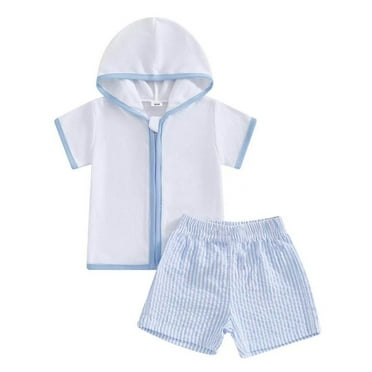 1-6t Toddler Baby Boy Girl Swim Cover Up Zipper Hooded Tops Seersucker Shorts Set Beach Bathing Suit Coverup
