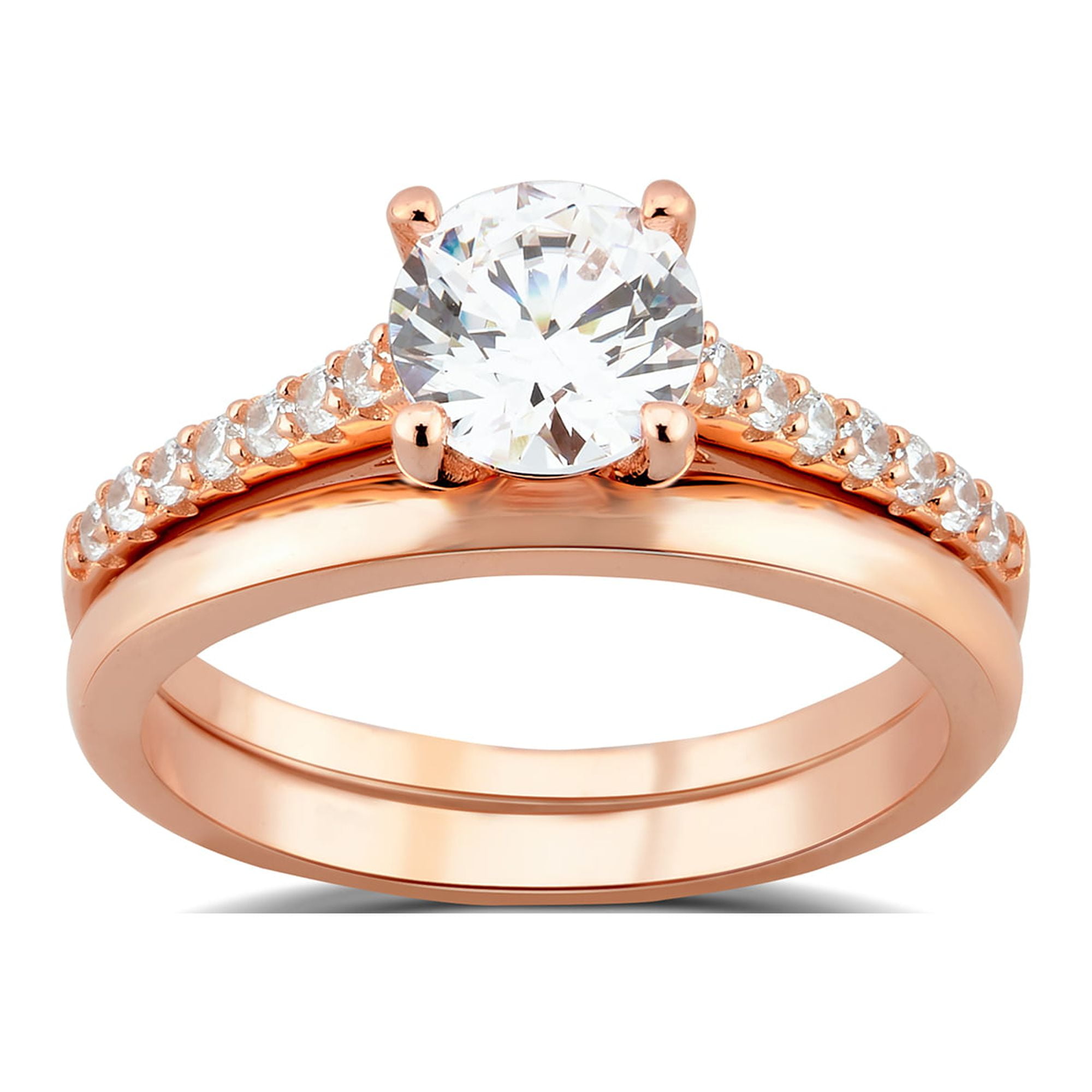 1-7/8 Carat T.W. Round Swarovski Sterling Silver Pink Plated Solitaire Bridal Set
