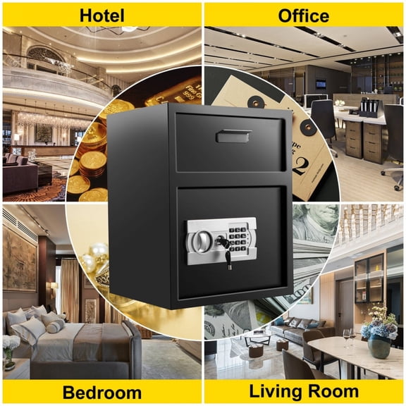 1.7 Cubic Feet Digital Depository Safe Carbon Steel Electronic Code Lock Safe with Deposit Slot Two Emergency Keys for Home Hotel Restaurant Office Black