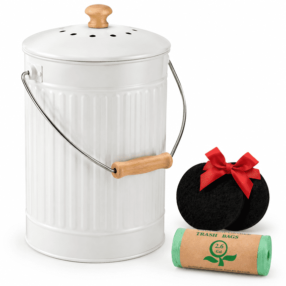 1.7 Gallon White Countertop Compost Bin With Lid and Charcoal Filters