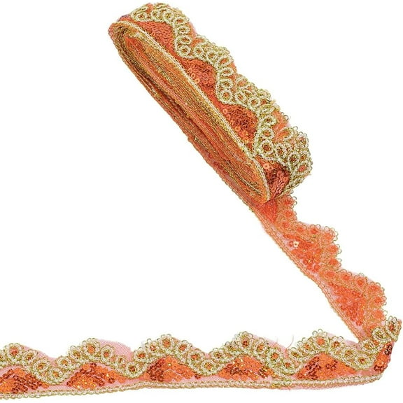 1.7 Inch Orange Gold Embroidery Lace Trim Wavy Edge Glitter Metallic Sequin Bead Ribbon Embroidered Sequins Beaded Applique Lace Trimming Bulk for Sewing Making Crafts Clothes Dress Dark Orange