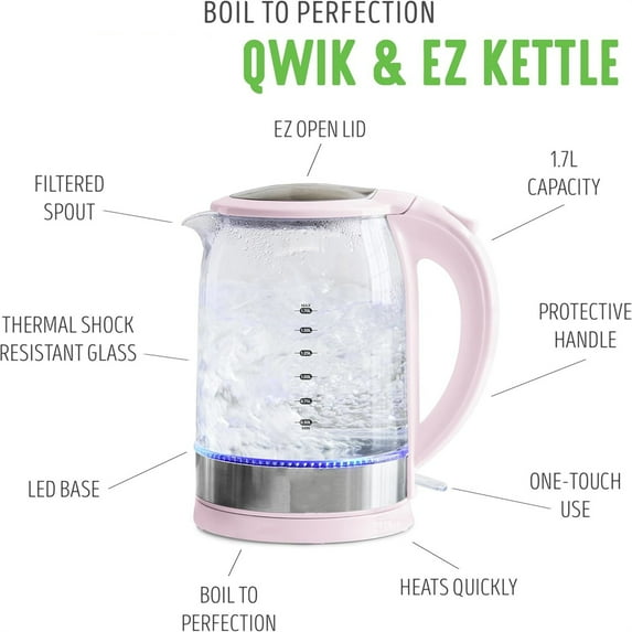 1.7 Liter Glass Electric Kettle, Easy One Touch Use, Quick Heating, Filtered Spout, LED Base, Auto Shut-Off, Cordless Serving, Coffee and Tea, Pink