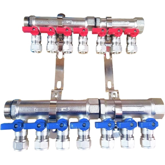 1" 7-Loop/Port Ball Valve Brass Pex Manifold for 1/2" Pex Tubing w/brackets