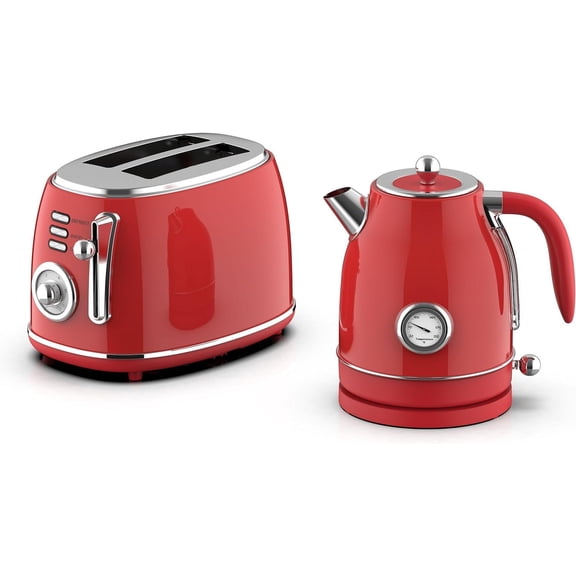 1.7 Quart Electric Tea Kettle and 2 Slice Toaster Combo Red