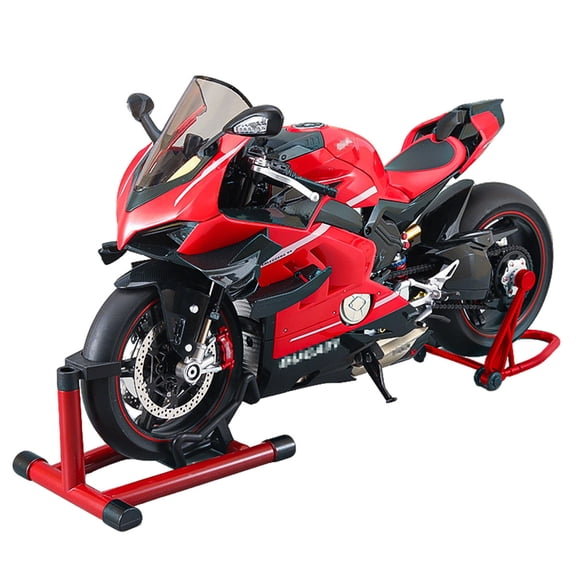 1/7 Scale Alloy Dynamic Motorcycle Model V4 Top Edition with Ignition System, Light & Sound Effects, Dual Exhaust Smoke Spray, Collectible Motorbike Display Model (Red Carbon Fiber Style)